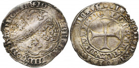 HAINAUT, Comté, Jean IV de Brabant (1418-1427), AR double gros (drielander), 1420-1421, Valenciennes. D/ Dans un polylobe orné de lis, les écus inclin...