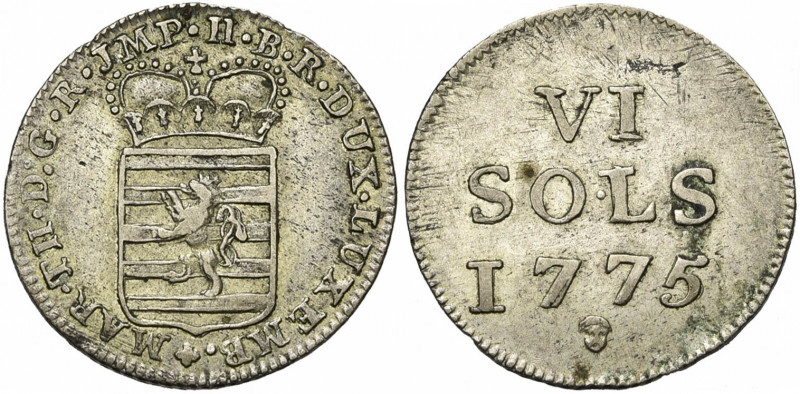 LUXEMBOURG, Duché, Marie-Thérèse (1740-1780), AR 6 sols, 1775, Bruxelles. D/ Ecu...