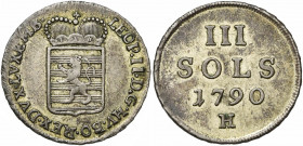 LUXEMBOURG, Duché, Léopold II (1790-1792), AR 3 sols, 1790H, Günzburg. D/ Ecu luxembourgeois couronné. R/ Valeur et date. Weiller 250; Probst L260-1; ...