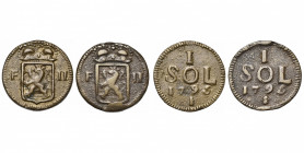 LUXEMBOURG, assiégée par l''armée française (1794-1795), sol, 1795. Au nom de François II. Métal de cloche. D/ Ecu couronné entre F-II. R/ Valeur et d...