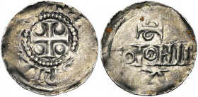 BASSE-LOTHARINGIE, AR denier, à partir de 925, atelier mosan. Imitation du denier de Cologne au nom d''Henri Ier, roi (919-936). D/ Croix cantonnée de...