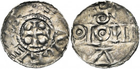 BASSE-LOTHARINGIE, AR denier, à partir de 925, atelier mosan. Imitation du denier de Cologne au nom d''Henri Ier, roi (919-936). D/ Croix cantonnée de...
