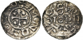 BASSE-LOTHARINGIE, AR denier, atelier mosan. Imitation des deniers de Cologne au nom d''Otton Ier et Brunon (962-965). D/ + OTTO CΩNIM (rétrograde) Cr...