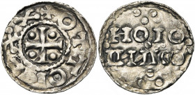 HUY, atelier royal, AR denier. Au titre d''Otton Ier (936-962). D/ + OTTO REXX Croix cantonnée de quatre globules. R/ En deux lignes: HOIO/ IICO (av...