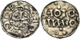 HUY, atelier royal, AR denier. Au titre d''Otton Ier (936-962). D/ OTTO R+XX Croix cantonnée de quatre globules. R/ En deux lignes: HOIO/ IICO (les...