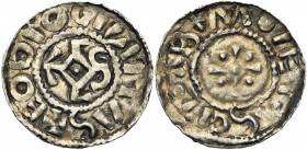 LIEGE, AR denier anonyme. Au type immobilisé de Charles le Simple (911-922). D/ + EODIO CIVIITΛS Monogramme carolin déformé, avec C anguleux et R remp...