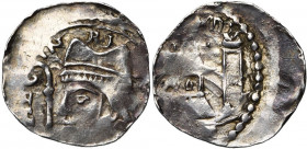 LIEGE, Principauté, Henri de Leez (1145-1164), AR denier, Liège. D/ HE-IN-RI-CVS B. mitré à g., ten. une crosse. R/ Bâtiment à trois tours. Dans le ch...