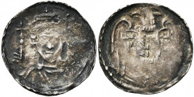 LIEGE, Principauté, Henri de Leez (1145-1164), AR denier, vers 1160, Maastricht. Au titre de Frédéric Ier Barberousse. D/ B. de l''empereur de f., ten...