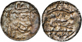 LIEGE, Principauté, Rodolphe de Zaeringen (1167-1191), AR denier, après 1179 (?), Liège. D/ ROF- EPC B. mitré de trois quarts à d. de l''évêque béniss...