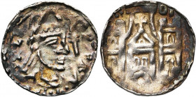 LIEGE, Principauté, Albert de Cuyck (1195-1200), AR denier, Huy. D/ ALB- E-PS B. mitré à d., ten. une crosse. R/ Petit édifice surmonté d''une croix e...