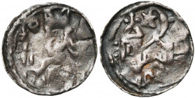 LIEGE, Principauté, Hugues de Pierrepont (1200-1229), AR denier, Maastricht. D/ B. mitré à g., ten. une crosse. A d., une tour. R/ Eglise à deux tours...
