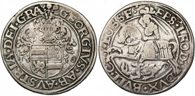 LIEGE, Principauté, Georges d''Autriche (1544-1557), AR daler au saint Georges, 1550. D/ L''écu écartelé de l''évêque surmonté d''un heaume à cimier e...