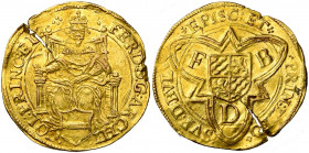 LIEGE, Principauté, Ferdinand de Bavière (1612-1650), AV florin d''or au type rhénan, s.d. (1614), Hasselt. D/ Le prince-évêque trônant de f., au-dess...