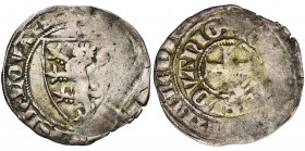 HERSTAL, Jean de Louvain, dit Jean Tristan (1285-1309), AR petit gros à l''écu au lion (demi-gros), vers 1294-1300. D/ [+ MONETA IOHAN$NIS DE LOVANIO ...