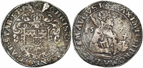 STAVELOT, Abbaye, Christophe de Manderscheid (1546-1576), AR rixdaler, 1570, Poulseur. Au titre de Maximilien II. D/ Ecu heaumé de l''abbé. R/ B. cour...