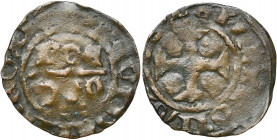 BORN (?), Jan van Salm (1398-1400), Cu dubbele mijt. Vz/ In het veld, hOE/DEV (?). Kz/ Gevoet kruis. Legende onleesbaar. Lucas 35 var.; v.d.Ch. 1, 2 v...