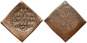 BREDA, belegerd door de Spanjaarden (juli 1624 - 5 juli 1625), Cu 2 stuiver, emissie voorjaar 1625. Vz/ ·II·/ BREDA/ OBSESSA/ 16 - stadswapen - 25. W....