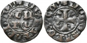 HEINSBERG (?), Jan I (1395-1438), Cu dubbele mijt. Vz/ + MONETA BHGEN In het veld, DOII/NE. Kz/ + MONETA BERGE'' Gevoet kruis. Lucas - (cfr 44); v.d.C...