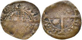 HOORNE (?), Willem VIII (1415-1433), Cu mijt. Vz/ + WILLEL[] DE M Wapen in het veld. Kz/ [MON]-ETA- NOV- A [] Lang gevoet kruis met twee leeuwen in de...