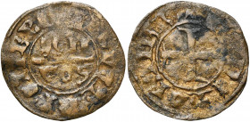 LIMBRICHT, Arnold IV van Stein (1381-1404), Cu dubbele mijt. Vz/ + IIONETA LEIIBRE In het veld: DON/VES. Kz/ + IIONETA LIIBR'' Gevoet kruis. Piot, RBN...