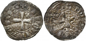 LOON, Graafschap, Arnold V (1279-1323), biljoen dubbele toernooi. Vz/ + ARNOLDV: COMES Gevoet kruis met een lelie in het tweede kwartier. Kz/ + MONETA...