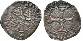 RUMMEN, Johanna van Wesemael (1464-1474), Cu dubbele mijt. Vz/ + IOHE[NNA] DE WES[EM]A Wapen van Filips de Goede in het veld. Kz/ + MON[ETA] NOVA [RV]...