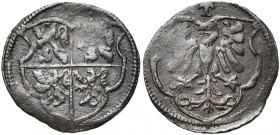 THORN, Abdij, Margaretha van Brederode (1557-1577), biljoen denarius, z.j. Vz/ Wapenschild met vier leeuwen onder [T]. Kz/ Wapenschild met adelaar ond...
