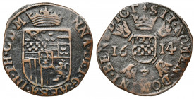 THORN, Abdij, Anna van der Marck (1604-1631), Cu oord, 1614. Vz/ Gekroond wapenschild. Kz/ Wapenschild van Marck op een leliekruis onder een kroon. Lu...