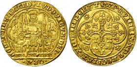 VLAANDEREN, Graafschap, Lodewijk van Male (1346-1384), AV nieuw gouden schild met de leeuw (écu d''or au lion), 1370/1372-1384, Gent en Mechelen. Vz/ ...