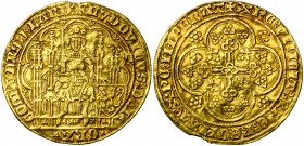 VLAANDEREN, Graafschap, Lodewijk van Male (1346-1384), AV nieuw gouden schild met de leeuw (écu d''or au lion), 1370/1372-1384, Gent en Mechelen. Vz/ ...