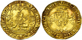 VLAANDEREN, Graafschap, Philips de Goede (1419-1467), AV gouden leeuw (lion d''or), 1454-1460, Brugge en Gent. Vz/ Zittende leeuw n. l. onder een goti...