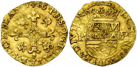 VLAANDEREN, Graafschap, Philips II (1555-1598), in de macht hersteld, AV gouden kroon, 1585, Brugge. Met jaartal op vz. Vz/ Leliekruis met in de hoeke...