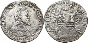 VLAANDEREN, Graafschap, Philips II (1555-1598), AR Philipsdaalder, 1558, Brugge. Met titel van koning van Engeland. Vz/ Geharnast bb. r. Kz/ Gekroond ...