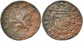 VLAANDEREN, Gent in opstand tegen Philips II (1581-1584), Cu 12 mijten, 1581. Met wapen van Philips II. Vz/ *XII*GHENT*/ 1581 Klimmende leeuw n. l. Kz...