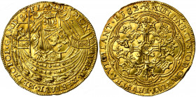VLAANDEREN, Gent in opstand tegen Philips II (1581-1584), AV gouden nobel, 1582. Met wapen van Frans van Alençon in de banier. Vz/ MON:-·AVREA· RESTAV...