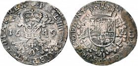 VLAANDEREN, Graafschap, Philips IV (1621-1665), AR patagon, 1649, Brugge. Vz/ Gekroond stokkenkruis met een vuurijzer tussen het jaartal en het juweel...