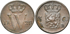 BELGIQUE, Royaume des Pays-Bas, Guillaume Ier (1815-1830), AE 1/2 cent, 1828B, Bruxelles. Sch. 373. Rare.
Très Beau (Very Fine)