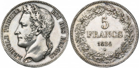 BELGIQUE, Royaume, Léopold Ier (1831-1865), AR 5 francs, 1834. Pos. A. Bogaert 82A. Nettoyé.
Superbe (Extremely Fine )