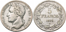 BELGIQUE, Royaume, Léopold Ier (1831-1865), AR 5 francs, 1834. Pos. A. Bogaert 82A. Nettoyé.
Beau à Très Beau (Fine - Very Fine)
