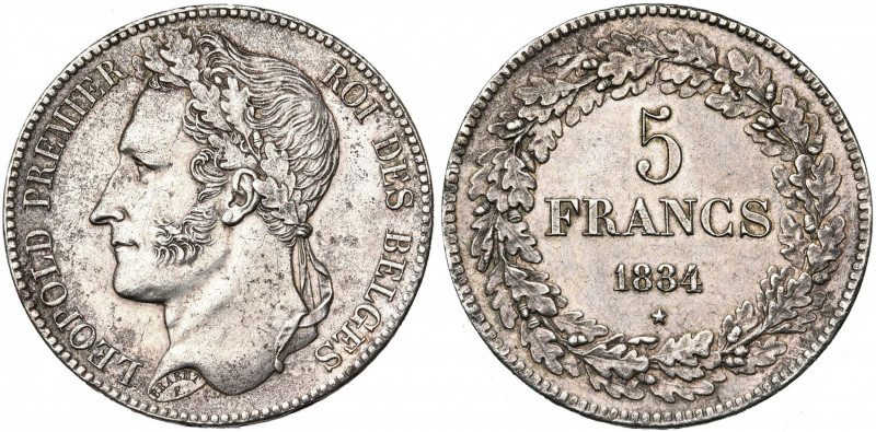 BELGIQUE, Royaume, Léopold Ier (1831-1865), AR 5 francs, 1834. Pos. B. Bogaert 8...