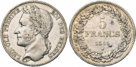 BELGIQUE, Royaume, Léopold Ier (1831-1865), AR 5 francs, 1844. Pos. A. Bogaert 206A. Rare Petits coups.
Très Beau (Very Fine)