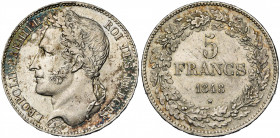 BELGIQUE, Royaume, Léopold Ier (1831-1865), AR 5 francs, 1848. Dupriez 375. Petits coups. Patine inégale.
Superbe (Extremely Fine)