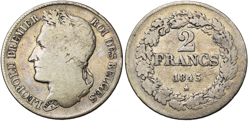 BELGIQUE, Royaume, Léopold Ier (1831-1865), AR 2 francs, 1843. Pos. B. Lettres i...