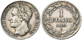 BELGIQUE, Royaume, Léopold Ier (1831-1865), AR 1 franc, 1835. Dupriez 126. Fines griffes au droit.
Très Beau (Very Fine)