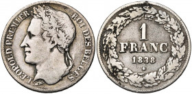 BELGIQUE, Royaume, Léopold Ier (1831-1865), AR 1 franc, 1838. Petite étoile. Bogaert 156A. Rare Coup sur la tranche.
Beau à Très Beau (Fine - Very Fi...