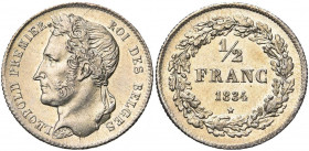 BELGIQUE, Royaume, Léopold Ier (1831-1865), AR 1/2 franc, 1834. Dupriez 94. Fines griffes.
Superbe (Extremely Fine)