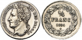 BELGIQUE, Royaume, Léopold Ier (1831-1865), AR 1/4 de franc, 1834. Avec signature. Dupriez 101. Nettoyé.
Superbe (Extremely Fine)