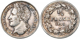 BELGIQUE, Royaume, Léopold Ier (1831-1865), AR 1/4 de franc, 1843. Dupriez 204. Rare.
Très Beau (Very Fine)