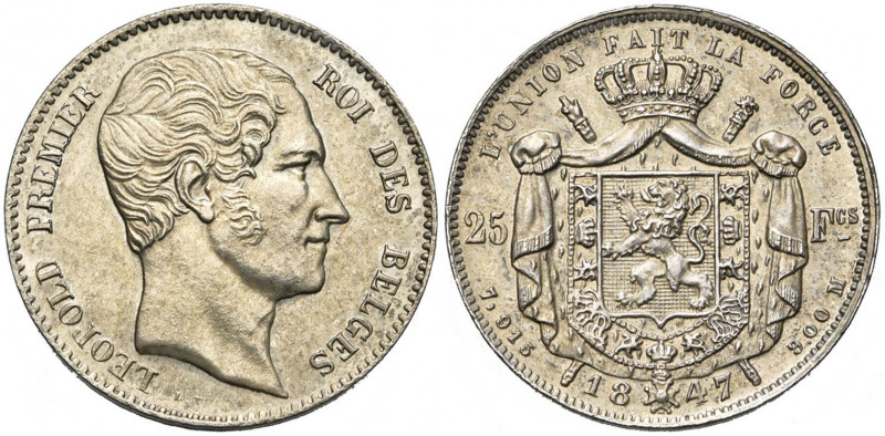 BELGIQUE, Royaume, Léopold Ier (1831-1865), 25 francs, 1847. Refrappe en argent....
