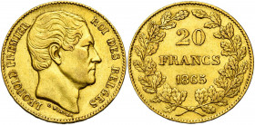 BELGIQUE, Royaume, Léopold Ier (1831-1865), AV 20 francs, 1865. Pos. A, L WINNER (sic). Dupriez -; Bogaert -. Rare.
Très Beau (Very Fine)